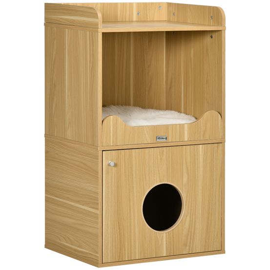 Meuble litière chat 3 niveaux bois pour petits espaces avec coussin amovible 60x45x103cm chêne