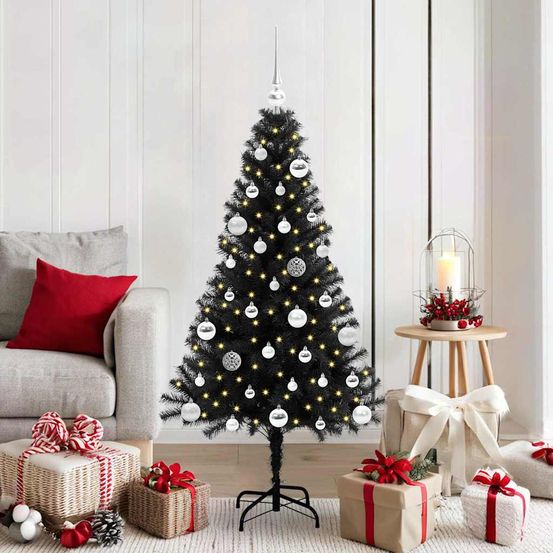 Sapin artificiel conique 150 cm noir, illuminé 150 led et décoré, idéal pour déco de fête int/ext