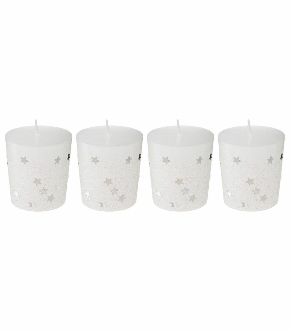 Lot de 4 bougies votive blanc étoiles et paillettes d 4 cm