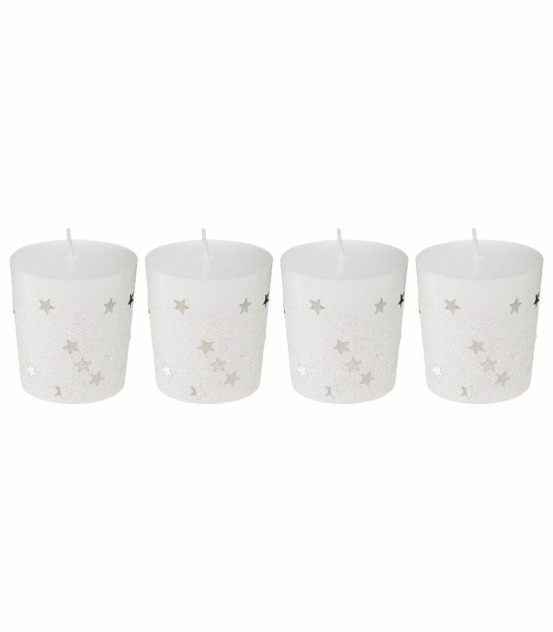 Lot de 4 bougies votive blanc étoiles et paillettes d 4 cm