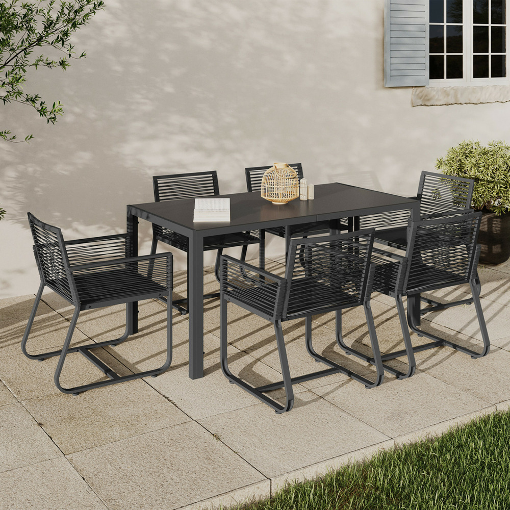 Salon de jardin odessa table 150 cm et 6 fauteuils cordage gris anthracite