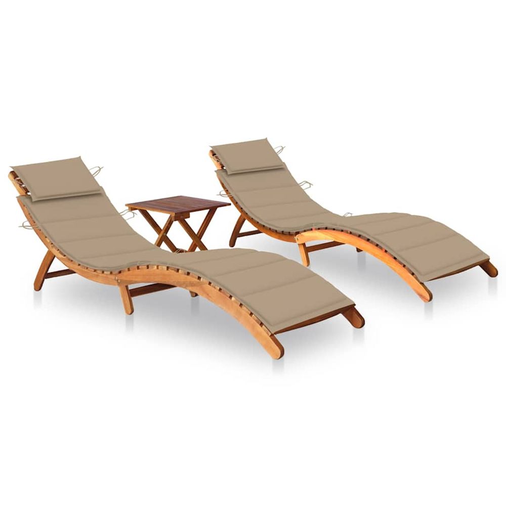 Chaises longues lot de 2 avec table et coussins acacia solide