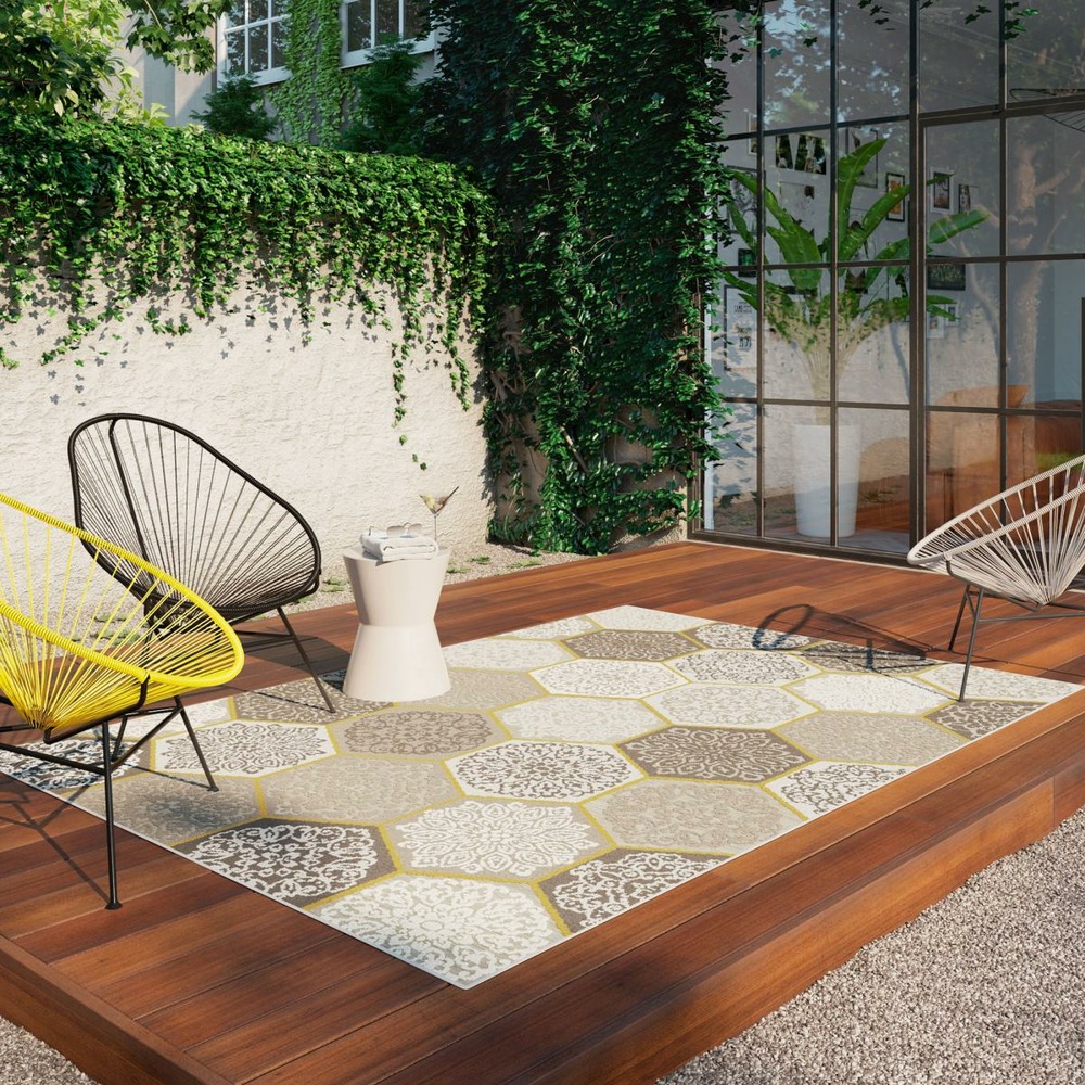 Tapis extérieur 160x230 tissé kilim beige et jaune luxora 2