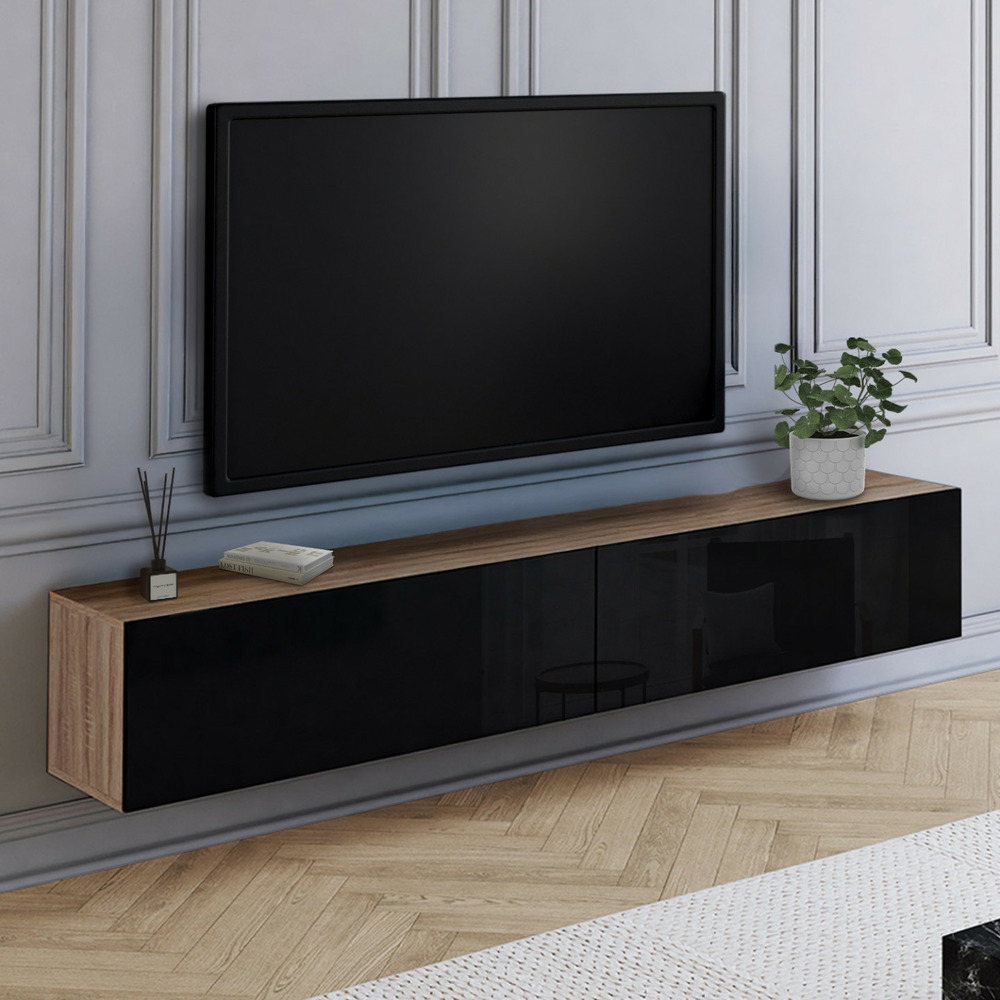 Meuble tv 180 cm suspendu elio 2 portes bois et noir