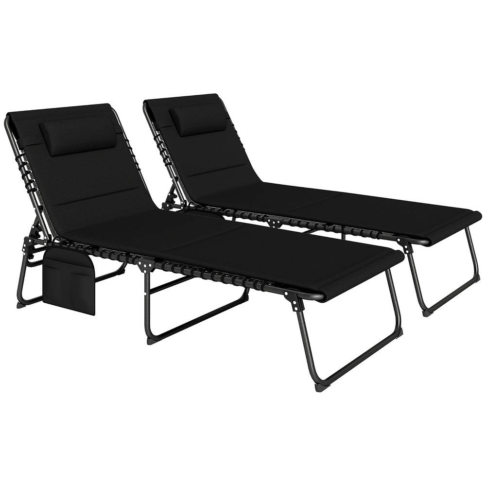 Lot 2 transats soleil pliables 5 positions ajustables, oreiller et sac latéral noir