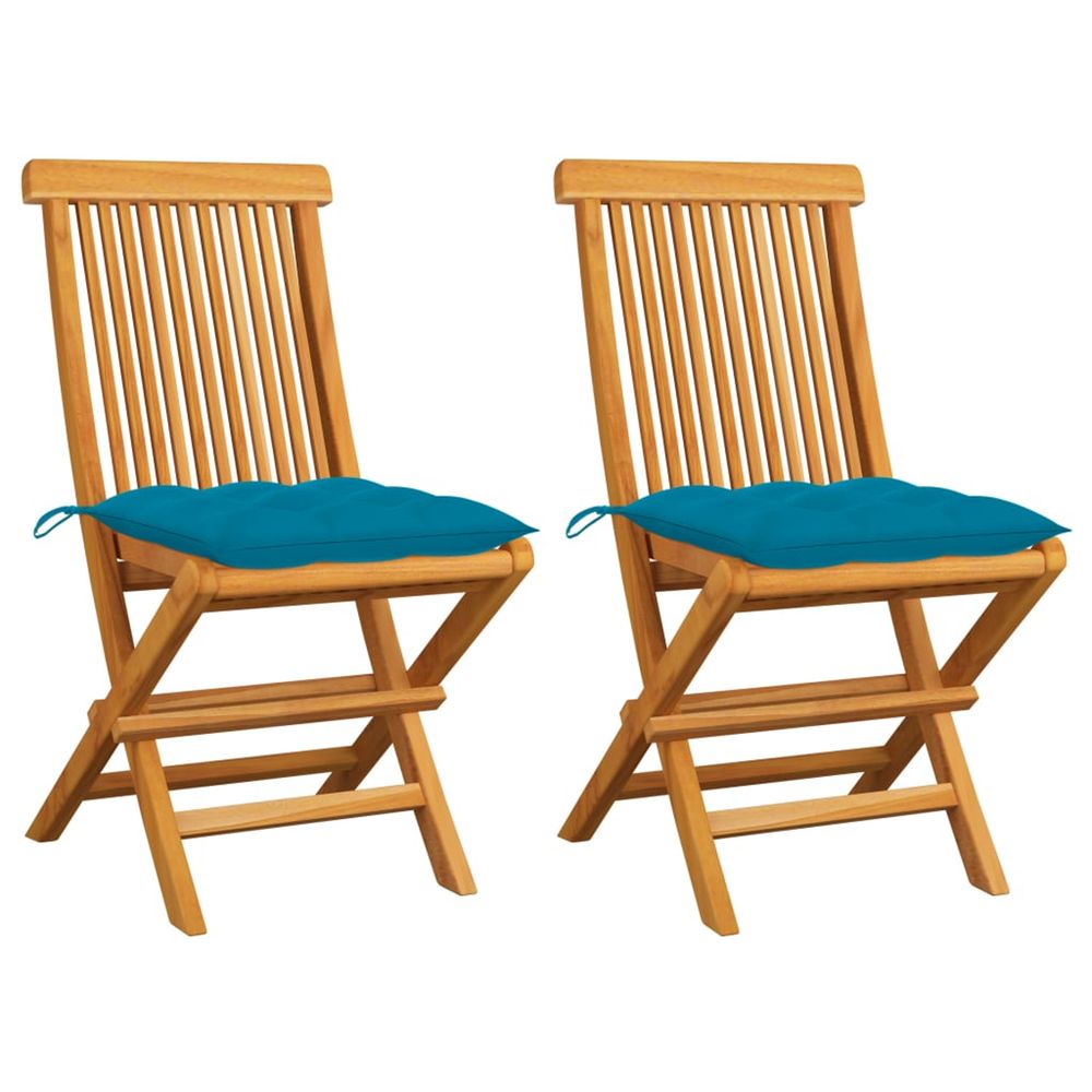 Chaises pliantes avec coussins bleu clair, 2 pièces, en bois de teck massif