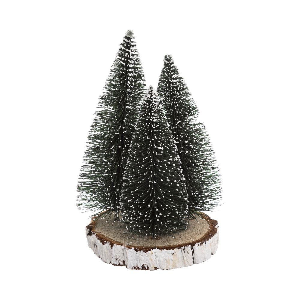 Déco de table 3 sapins verts enneigés sur rondin d 15 x h 20 cm