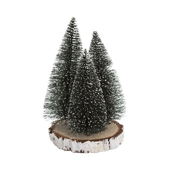 Déco de table 3 sapins verts enneigés sur rondin d 15 x h 20 cm