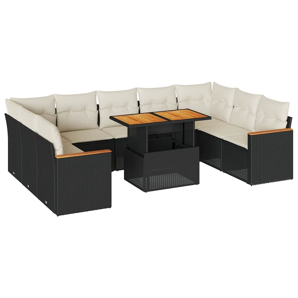 Salon de jardin 10 pcs avec coussins noir résine tressée acacia