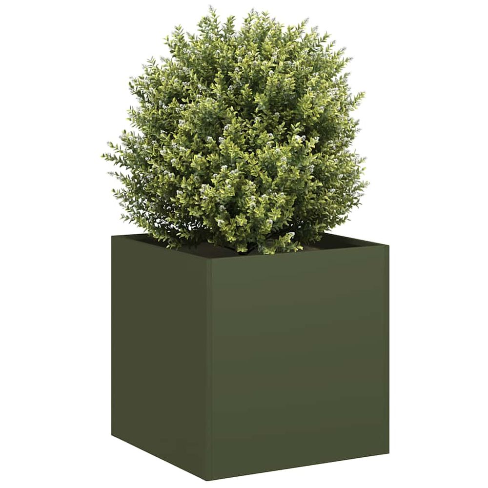 Petit bac à fleurs cube acier laminé à froid design moderne pour balcon ou terrasse vert olive 40x40x40cm