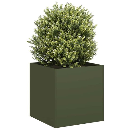 Petit bac à fleurs cube acier laminé à froid design moderne pour balcon ou terrasse vert olive 40x40x40cm