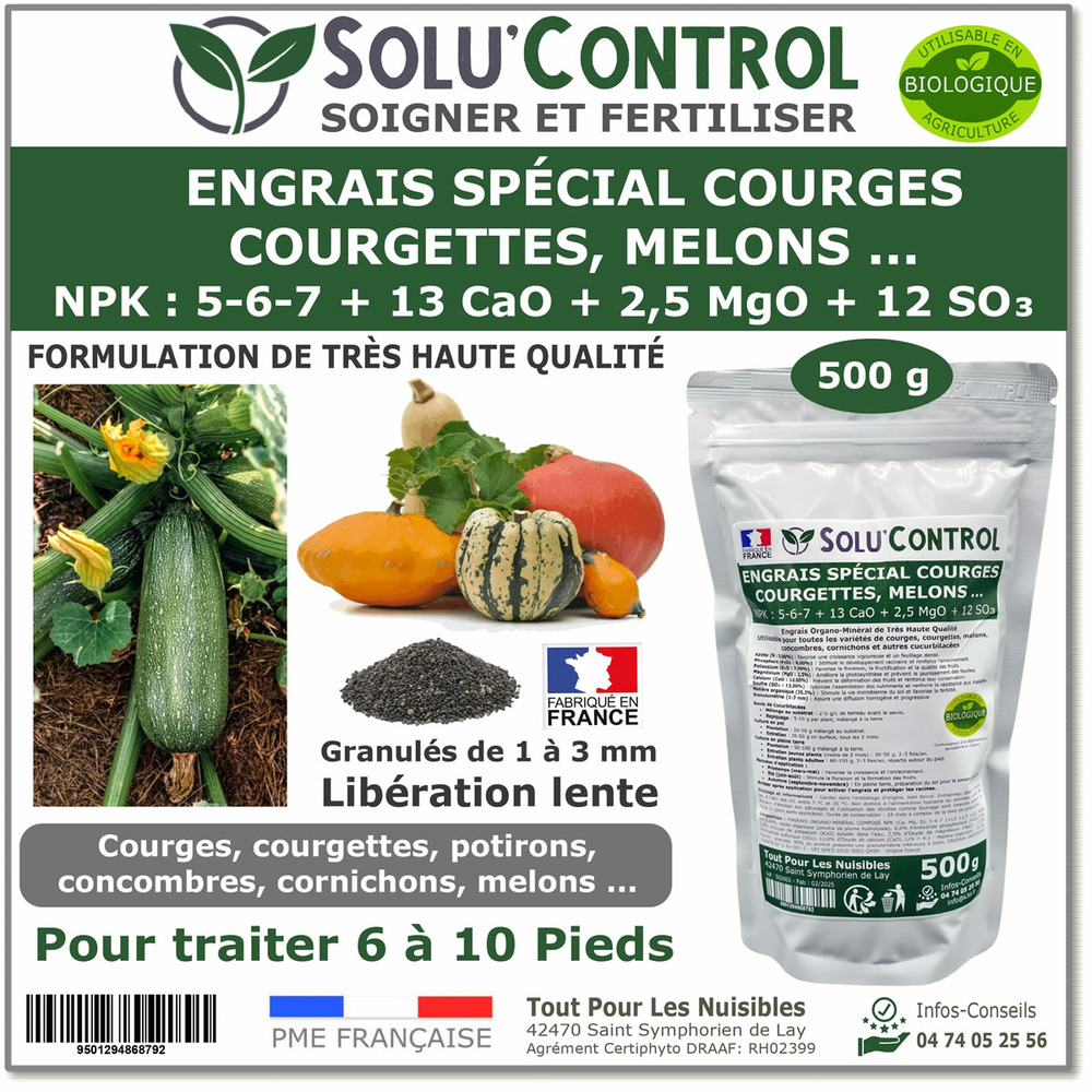 500 g engrais spécial courges, courgettes et autres cucurbitacées - solucontrol - formulation haute qualité organo-minerale
