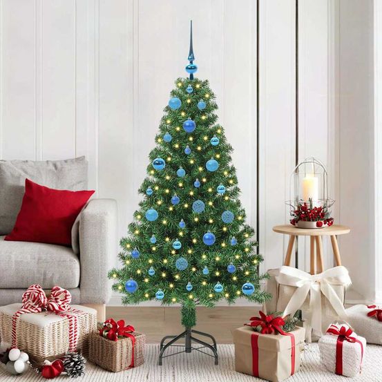 Kit sapin de noël 150 cm prêt à installer, 61 boules et guirlande led fournies