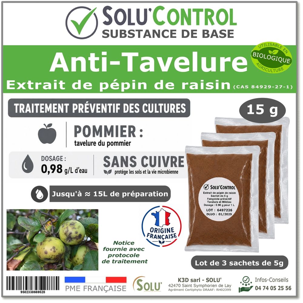 Solu'control extrait de pépins de raisin 15 g - substance de base naturelle - anti tavelure du pommier - alternative sans cuivre