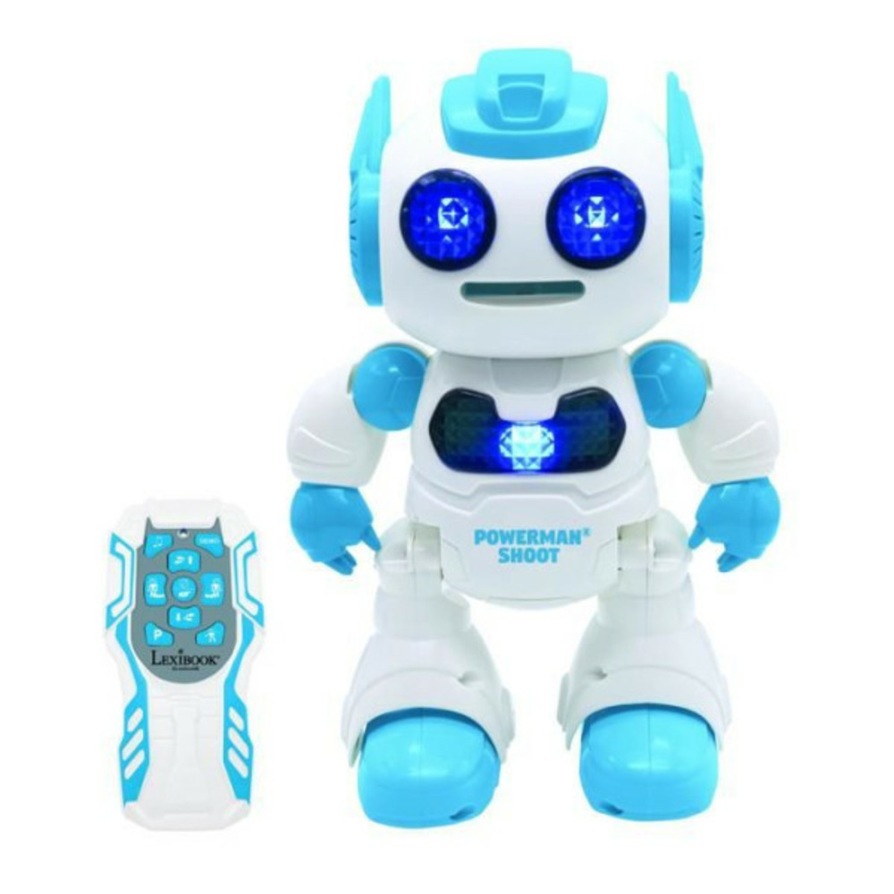 Powerman shoot robot programmable avec dance, musique, démo – télécommande et disques en mousse inclus.