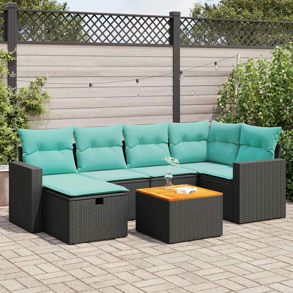 Salon de jardin 7 pcs avec coussins noir résine tressée