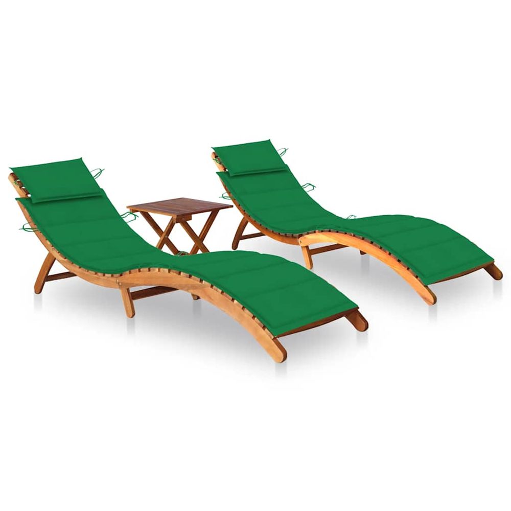 Chaises longues lot de 2 avec table et coussins acacia solide