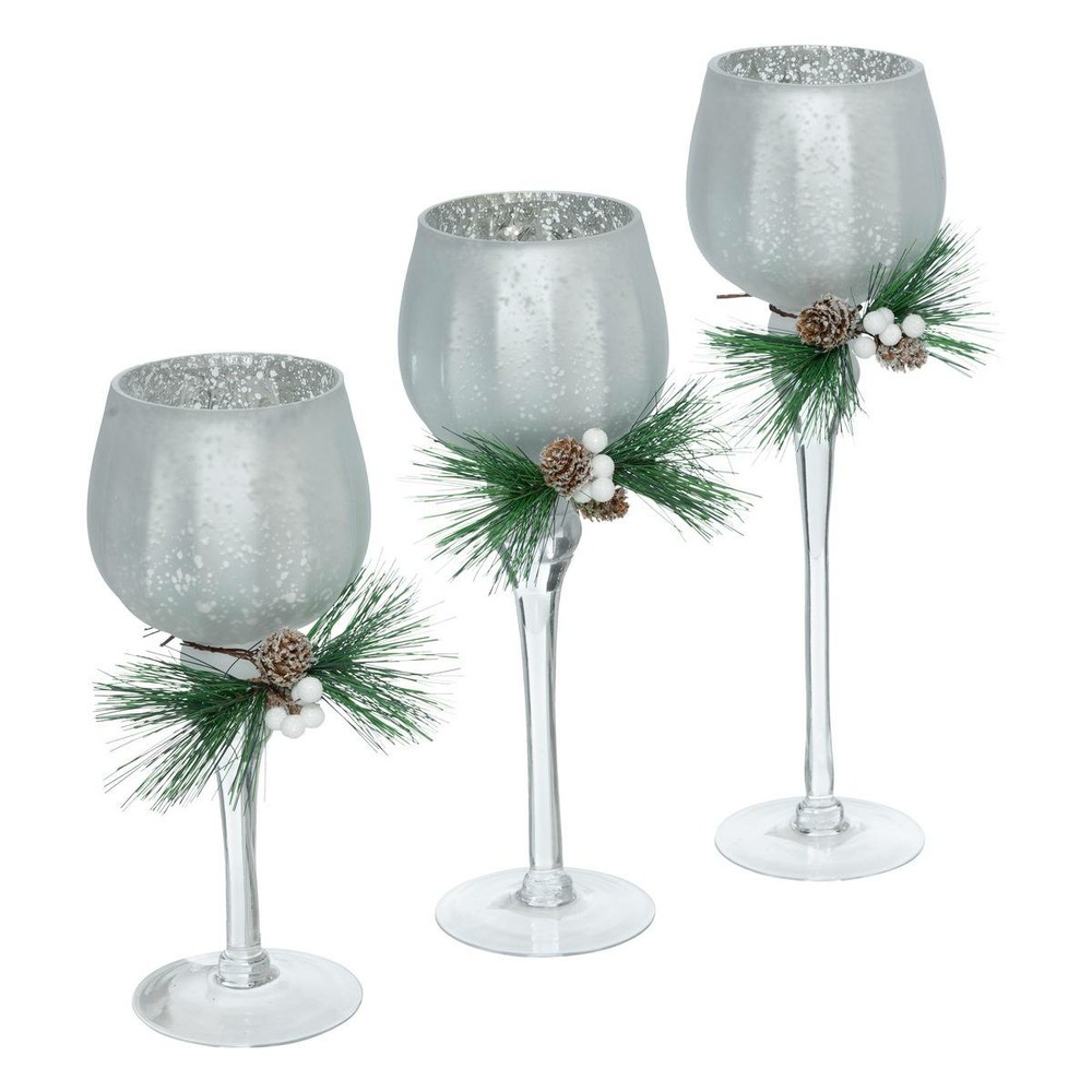 Lot de 3 photophore verre à pied h.30cm argent