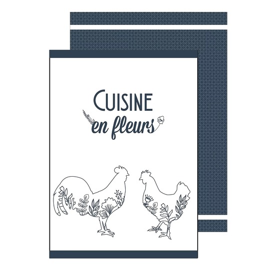 Lot de 2 torchons coqs et fleurs