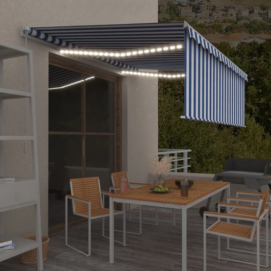 Auvent manuel rétractable avec store et led 4,5x3 m bleu blanc