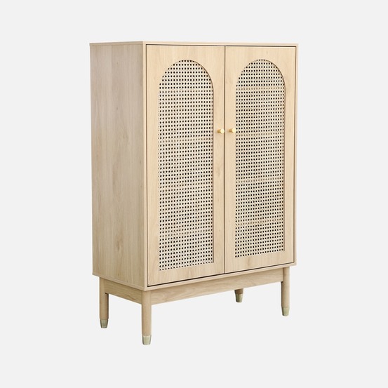 Meuble à chaussures / petit buffet 2 portes cannage judith, 20 paires de chaussures, 4 étagères, pieds en bois d'hévéa avec caps