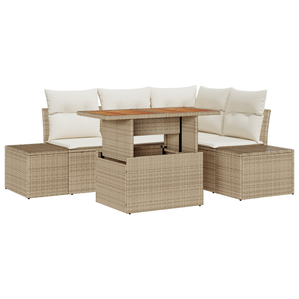 Ensemble de salle à manger de jardin de 5 pièces avec coussins beige en poly rotin acacia