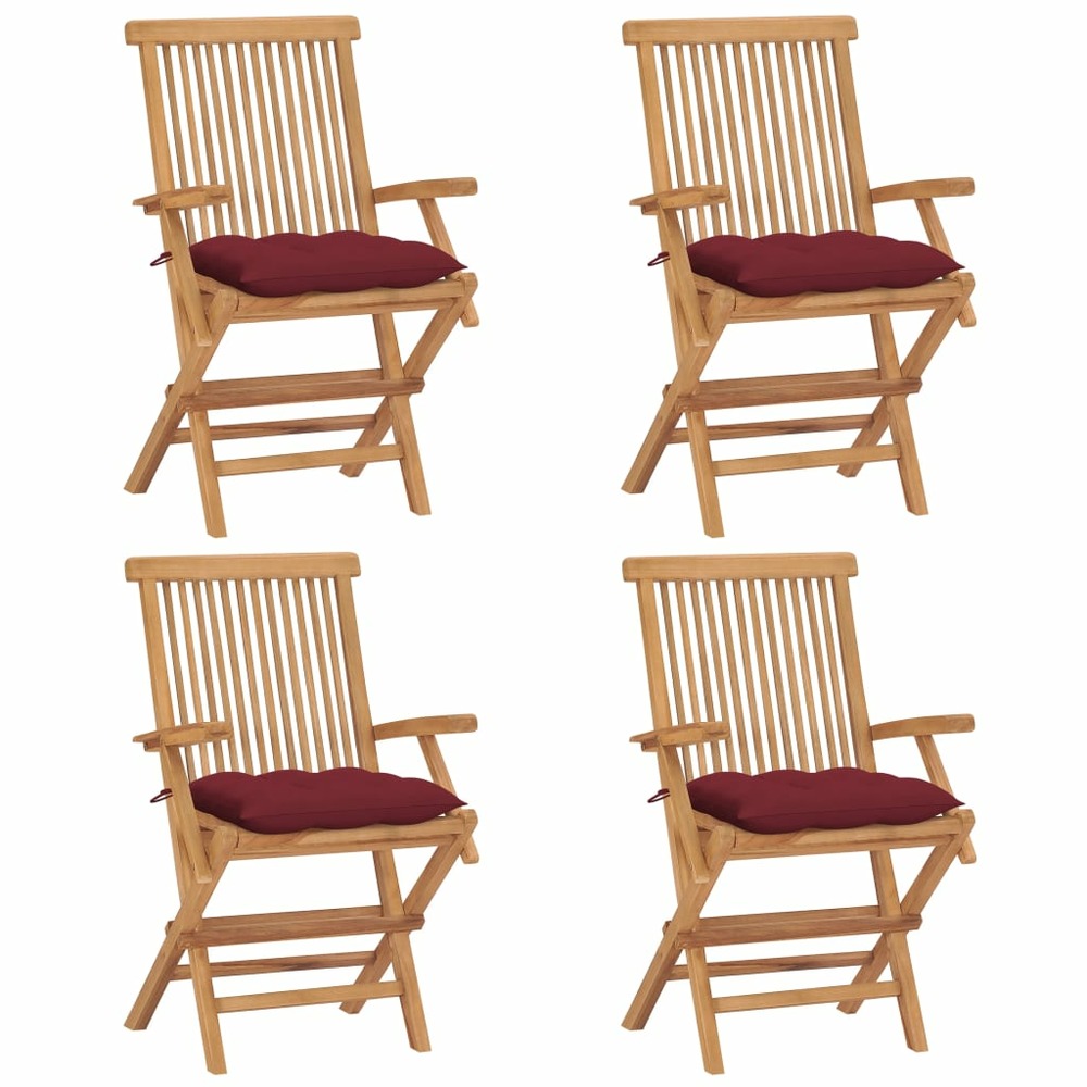 Chaises de jardin avec coussins rouge bordeaux 4pcs teck massif