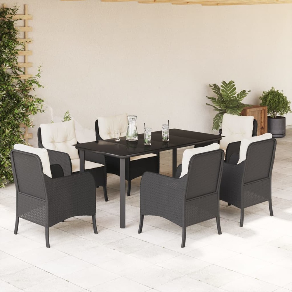Ensemble à manger de jardin coussins 7pcs noir résine tressée