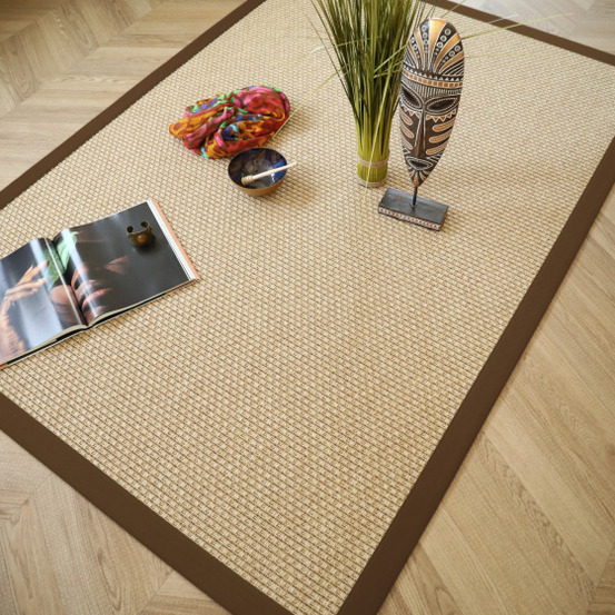 Tapis intérieur / extérieur natté - sumatra naturel - ganse marron - 120 x 170 cm