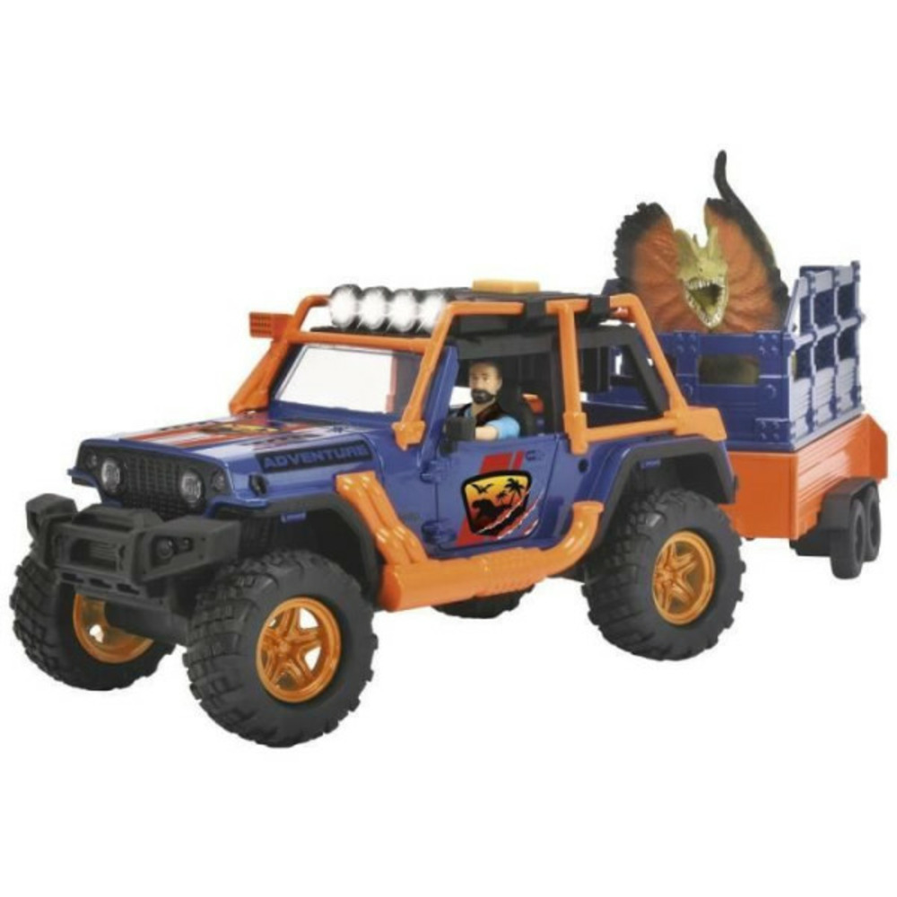 Commandant de dinosaures - dickie - 1 jeep wrangler avec remorque + 1 figurine articulée + 2 dinosaures