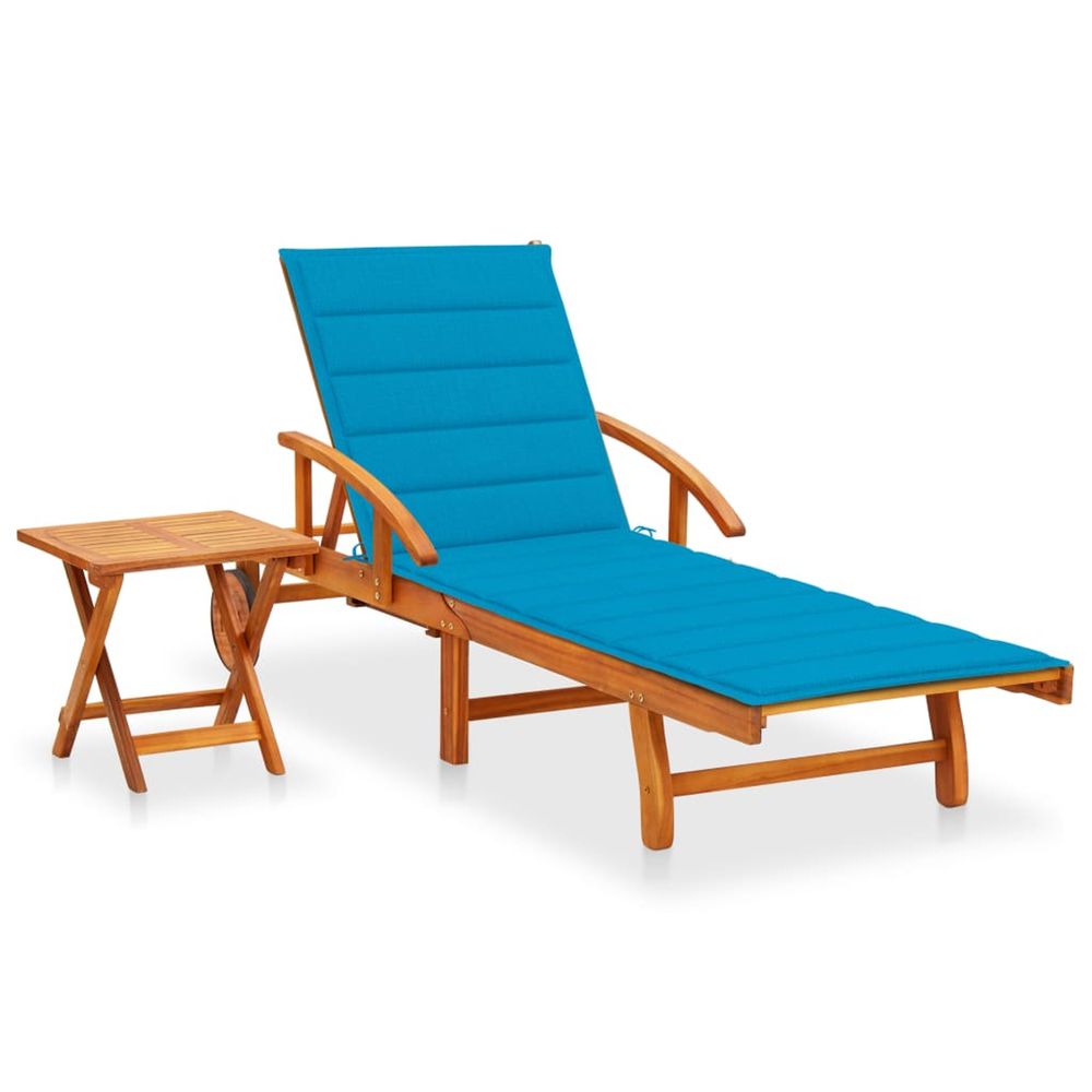 Chaise longue de jardin avec table et coussin bois d'acacia bain de soleil