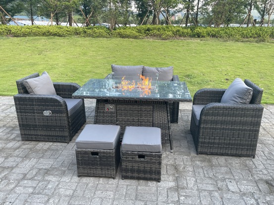 Rotin outdoor garden furniture gas firepit table set chauffage à gaz love seat canapé 2 places chaise