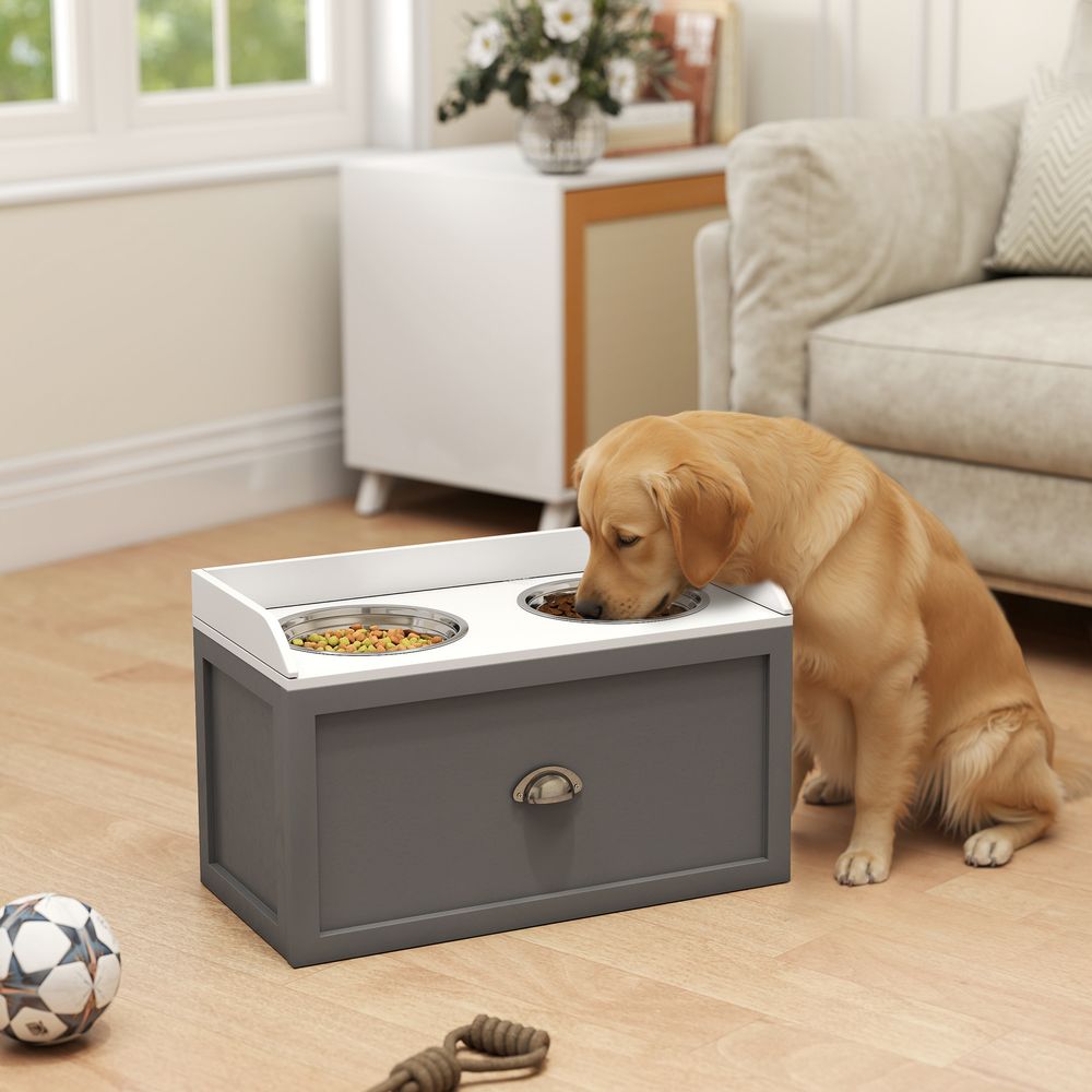 Station repas chien surélevée mdf gris 60 x 30 x 36 cm 2 gamelles inox tiroir 21 l pour grands chiens
