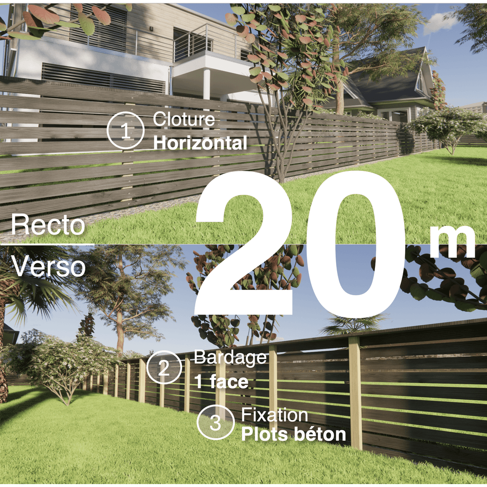 Kit clôture bois moderne 20m – h 0,9m – 20 x 70 mm noir par trempage – pose horizontal – simple face – à sceller
