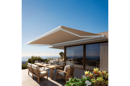 Store banne coffre intégral protect 2 led smart blanc 5x3,5m motorisé à télécommande + capteur vent + eclairage led - toile taupe