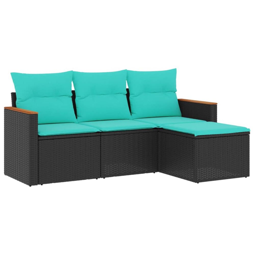 Salon de jardin 4 pcs avec coussins noir résine tressée