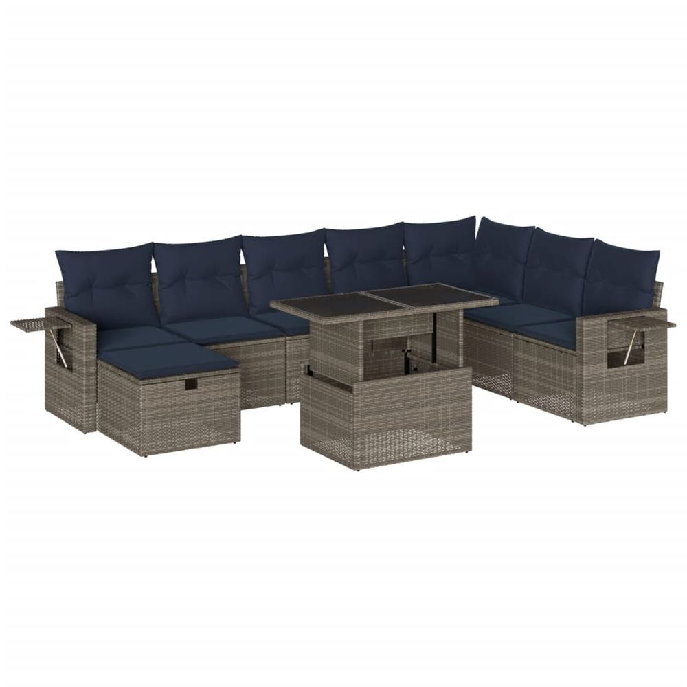 Ensemble de canapé de jardin 9 pcs avec coussins gris résine tressée