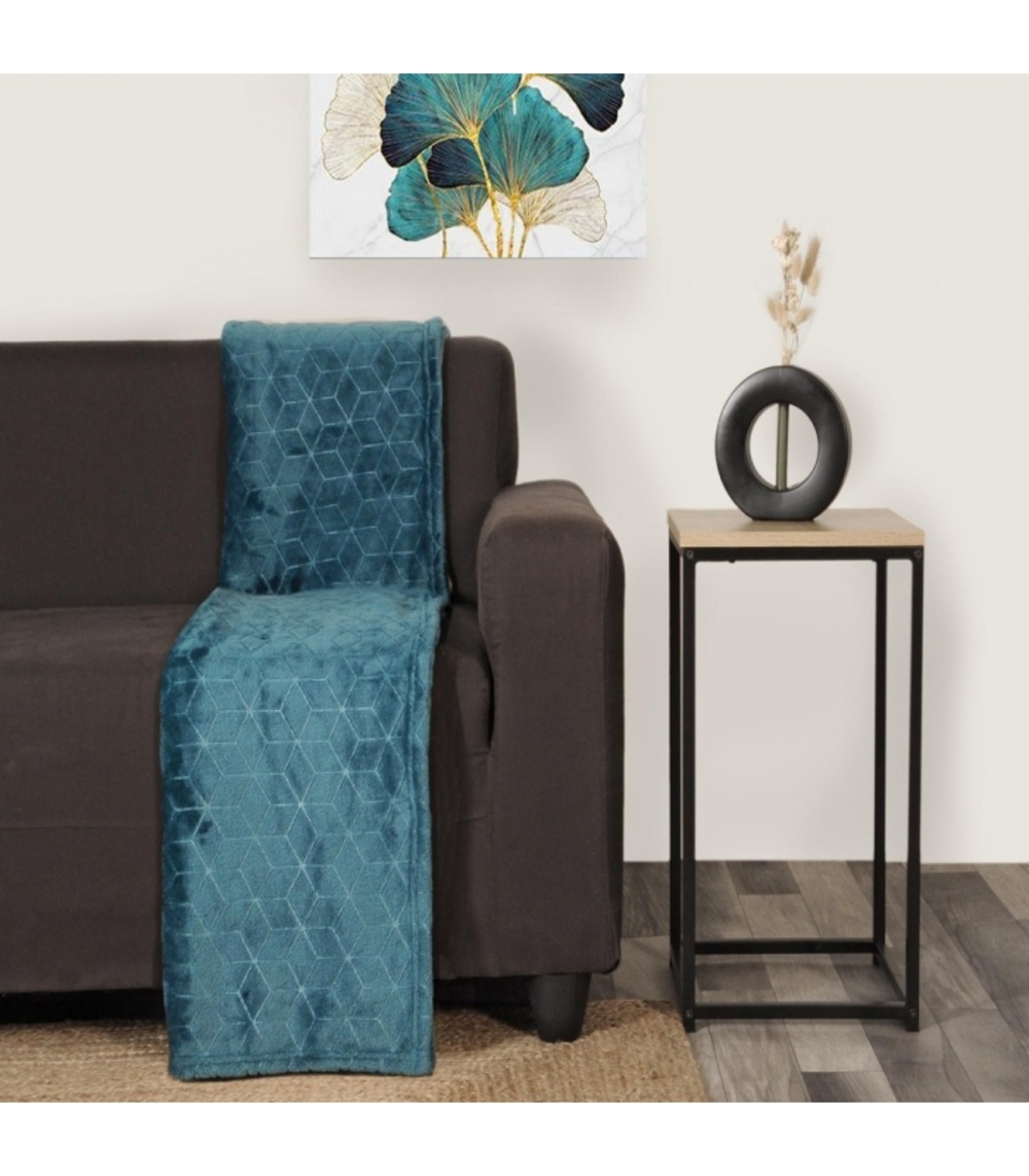 Plaid en flanelle à motif reliefé géométrique, bleu canard, 130x170cm, polyester - atout ciel