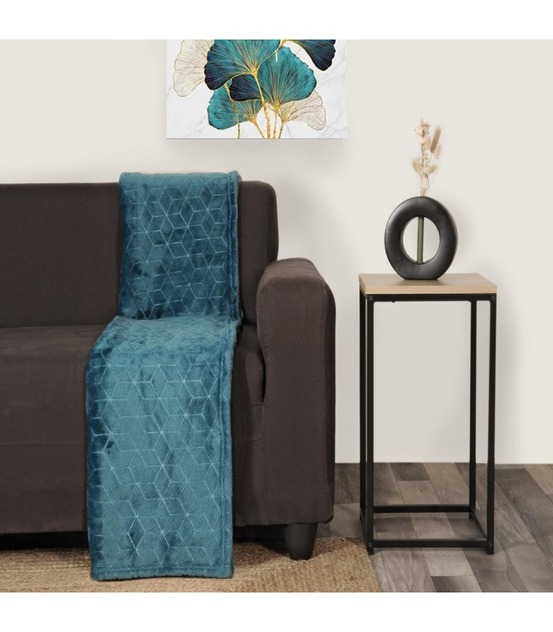 Plaid en flanelle à motif reliefé géométrique, bleu canard, 130x170cm, polyester - atout ciel