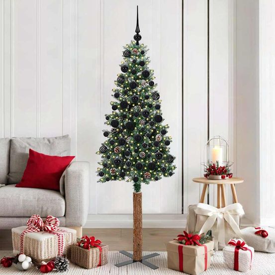 Sapin artificiel slim 180 cm effet neige, tronc en bois, décoré avec 120 boules et 300 led