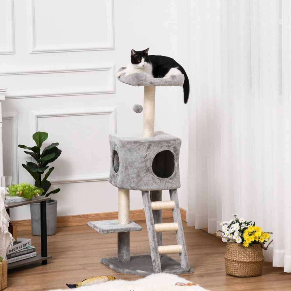 Arbre à chat 120cm sisal peluche gris clair niche echelle et plateforme - comfortxl pet living