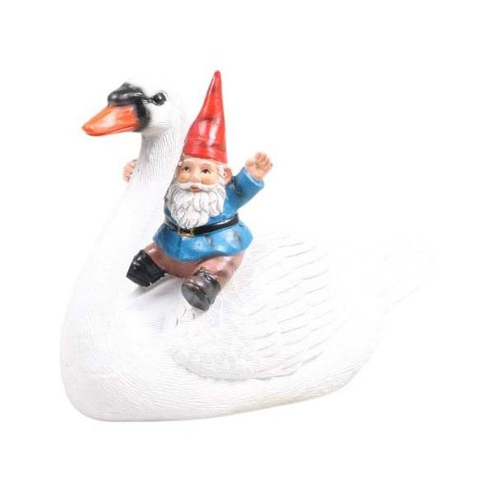 Nain de jardin en résine balade sur l'eau cygne assis