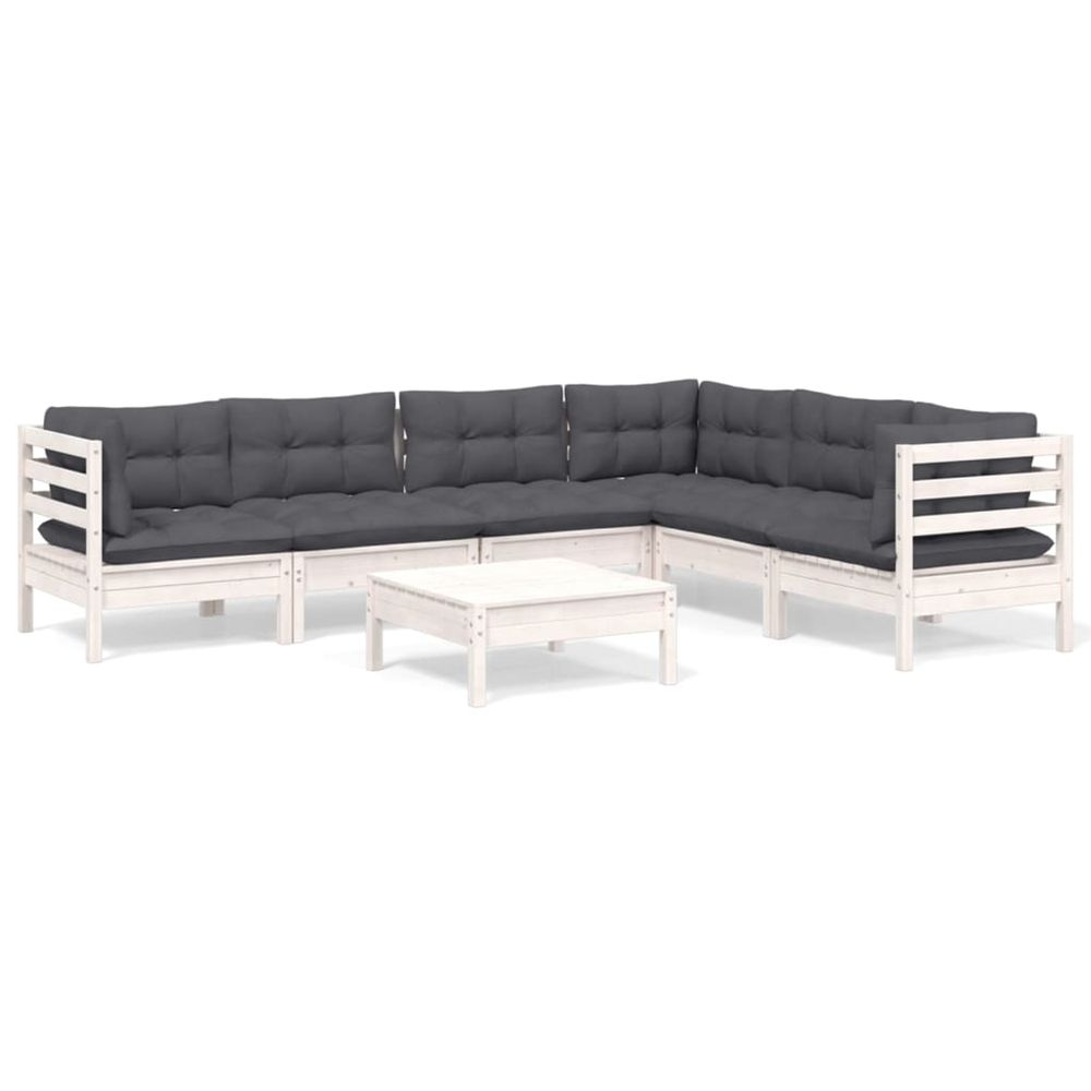 Salon de jardin 7 pcs avec coussins blanc bois de pin massif