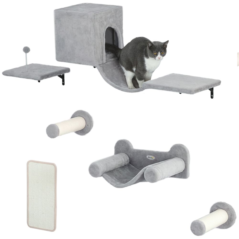 Parcours mural modulable 6 pièces pour chat avec niche et hamac en bois et peluche gris