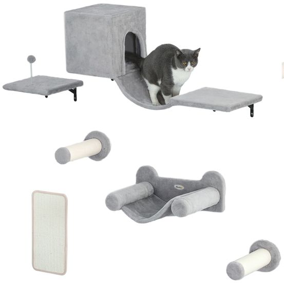 Parcours mural modulable 6 pièces pour chat avec niche et hamac en bois et peluche gris