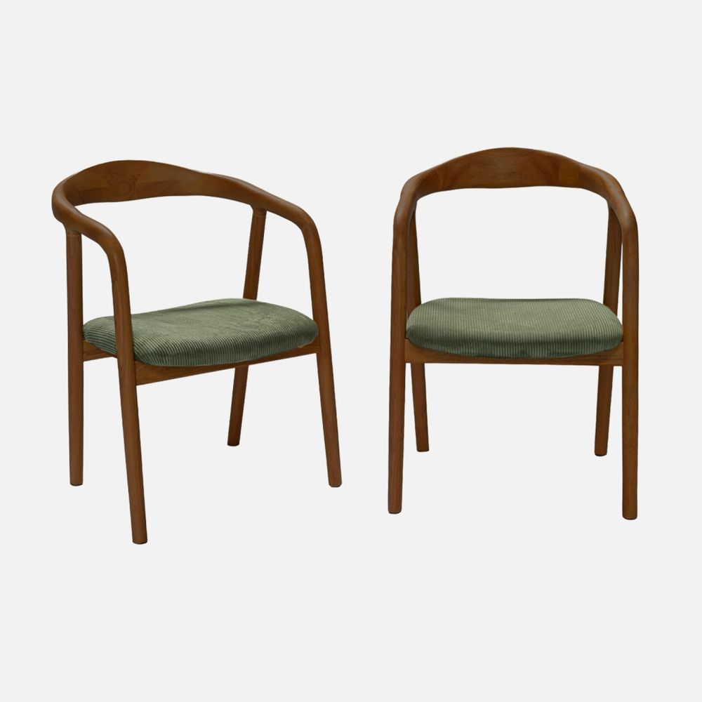 Lot de 2 fauteuils vintage bois d'hévéa teinté noyer et velours côtelé - l 55 x p 58 x h 79 cm