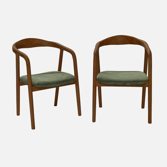 Lot de 2 fauteuils vintage bois d'hévéa teinté noyer et velours côtelé - l 55 x p 58 x h 79 cm