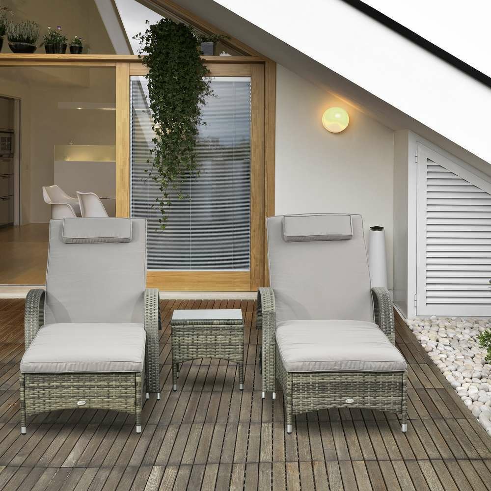 Bains de soleil multipostions + table basse résine tressée - Lot de 2