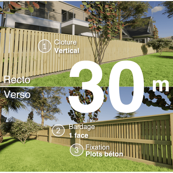 Kit clôture bois moderne 30m – h 0,9m – 45 x 45 mm autoclave – pose vertical – simple face – à sceller