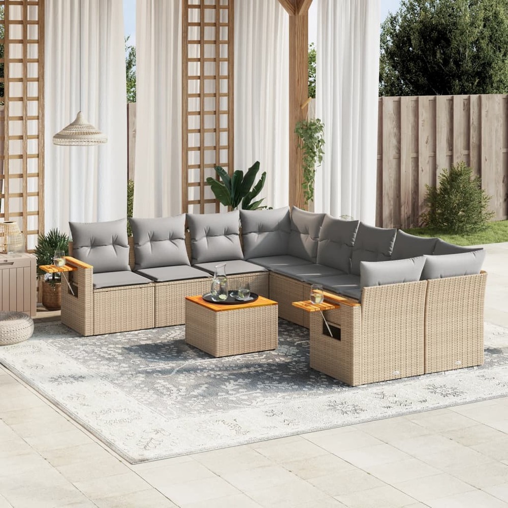 Salon de jardin avec coussins 9 pcs beige résine tressée